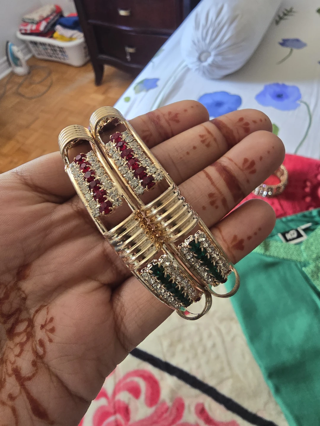 Gold Bangles with Red and Green Stones