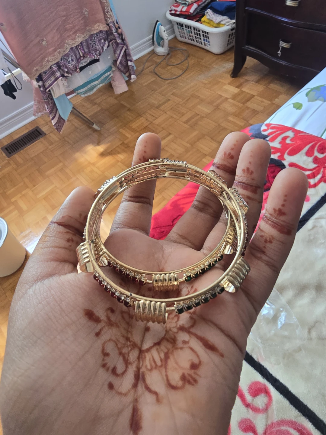 Gold Bangles with Red and Green Stones - photo 2