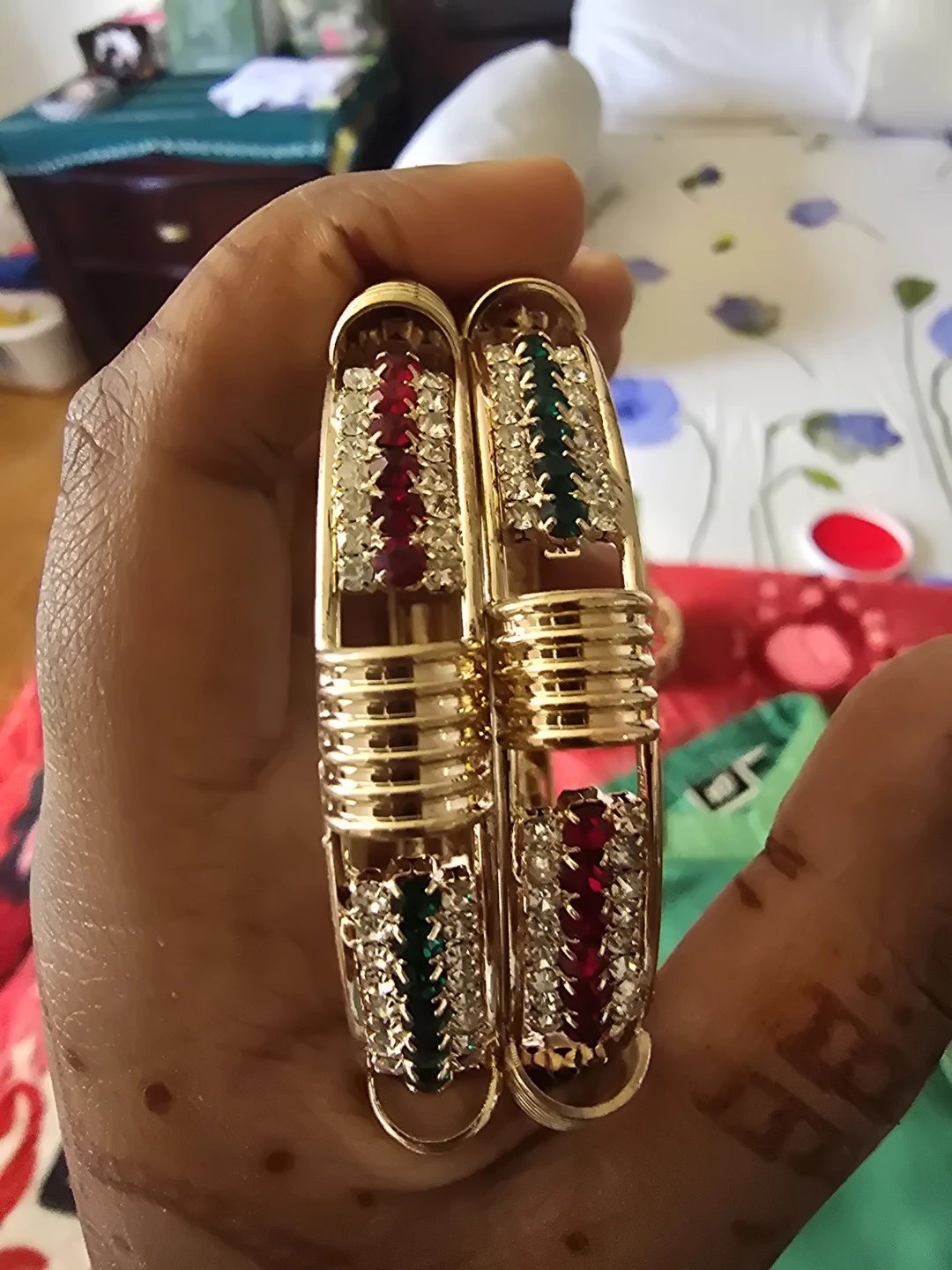 Gold Bangles with Red and Green Stones - photo 3