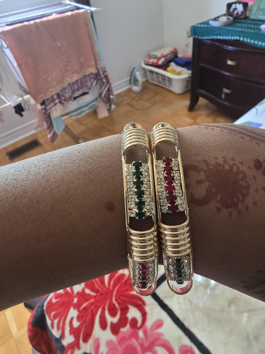 Gold Bangles with Red and Green Stones - photo 4