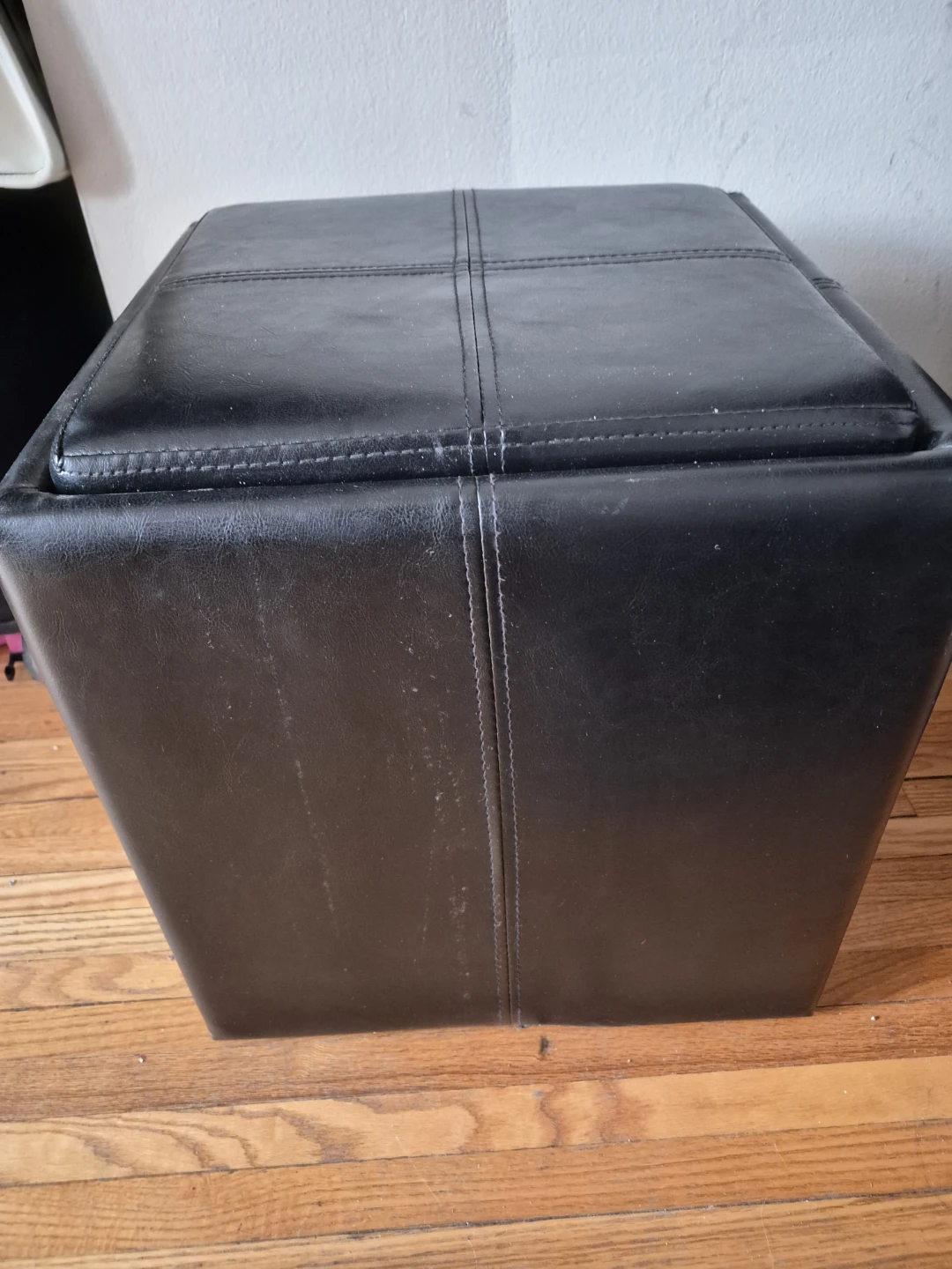 Black Faux Leather Storage Ottoman with Tray