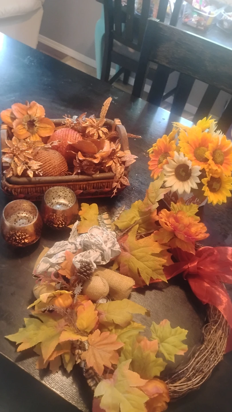 Fall Decor Set - Wreath, Votive Holders, Floral Arrangement