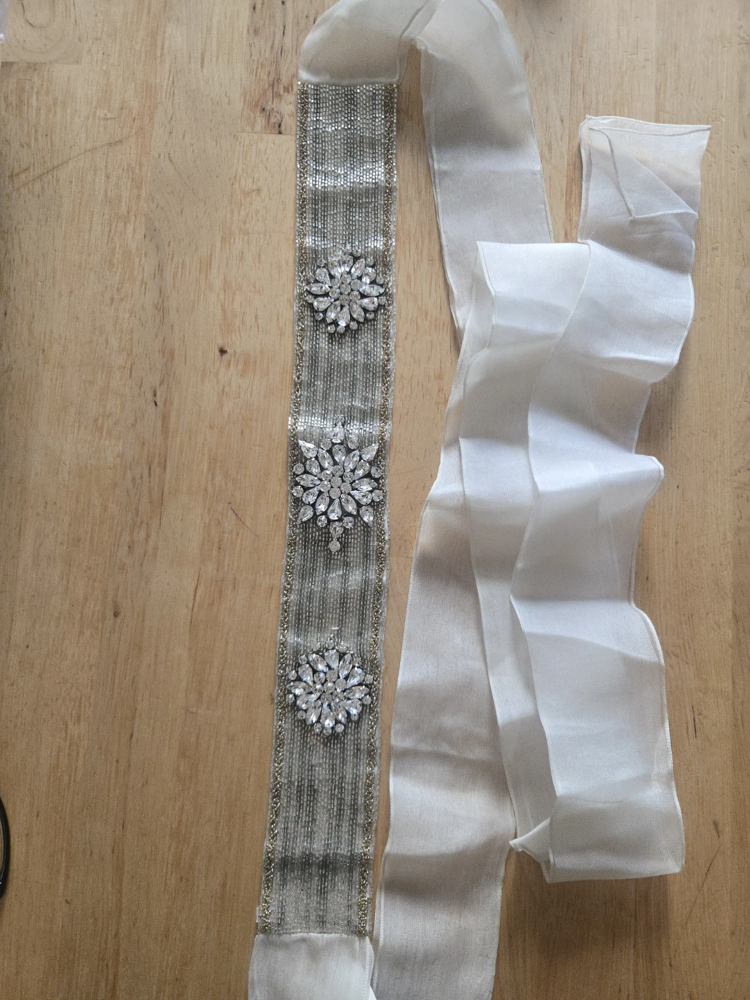 Beaded Embellished Belt with White Ribbon