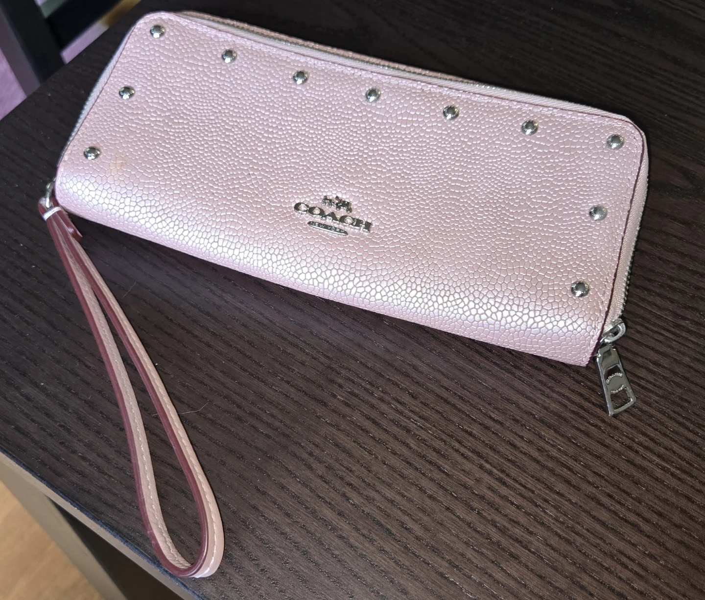 Coach Pink Leather Studded Zip Around Wristlet Wallet Clutch
