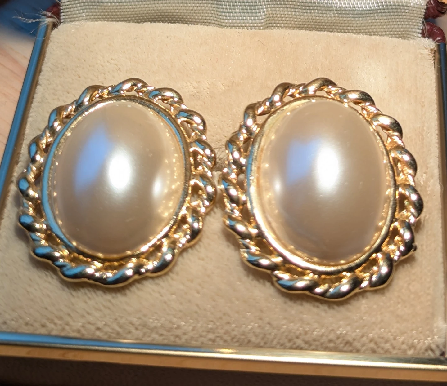Gold Tone Faux Pearl Oval Earrings