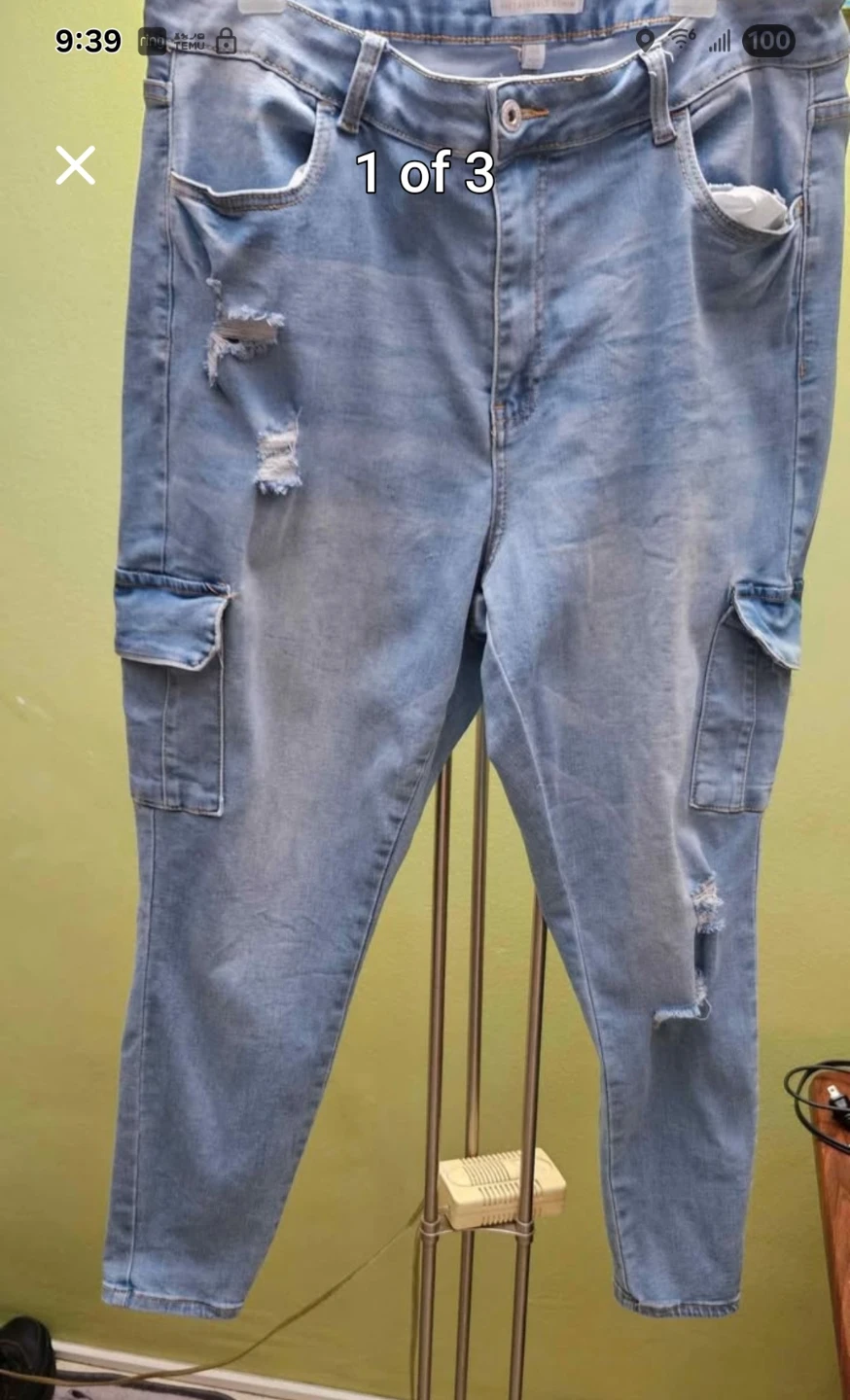 Light Wash Distressed Cargo Jeans