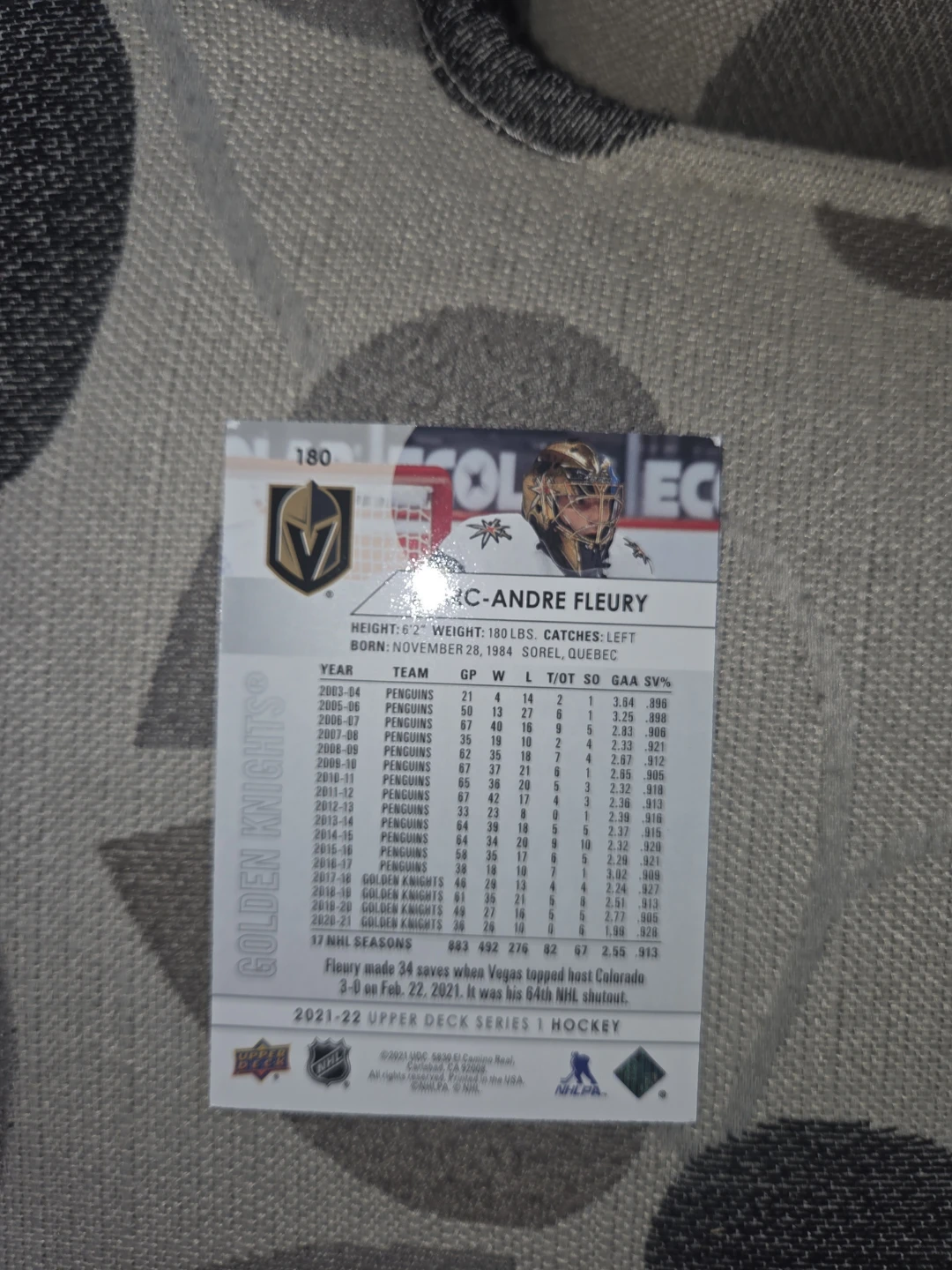 2021-22 Upper Deck Series 1 Hockey Card - Marc-Andre Fleury - photo 2