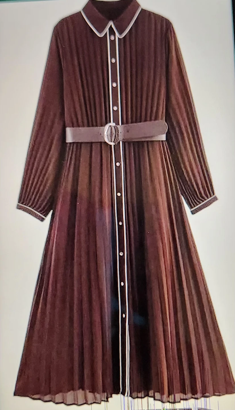 New Brown Pleated Dress with Belt