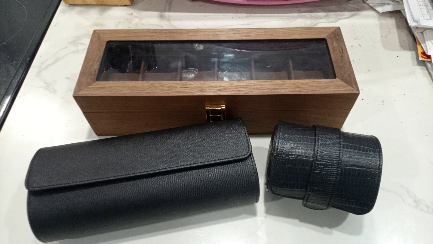 Watch Cases - Wooden Box & 2 Black Travel Roll Cases