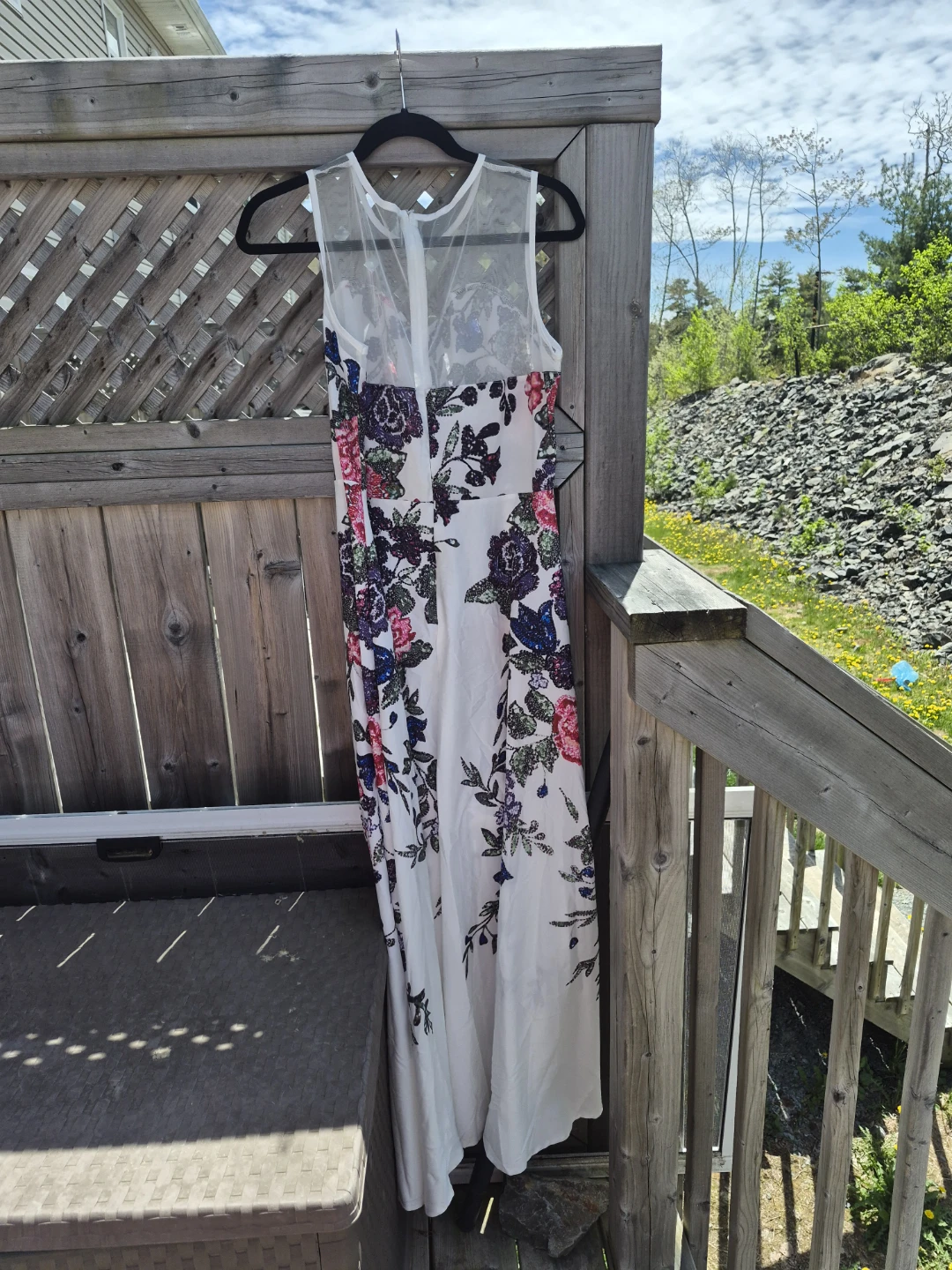 White Floral Maxi Dress with Sheer Neckline
