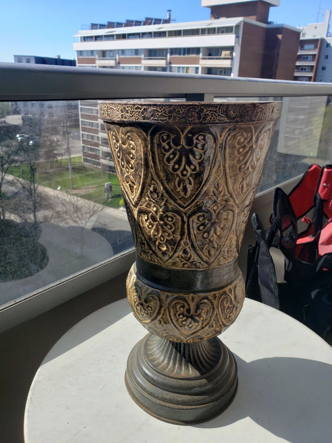 Decorative Metal Urn Vase with Ornate Embossing