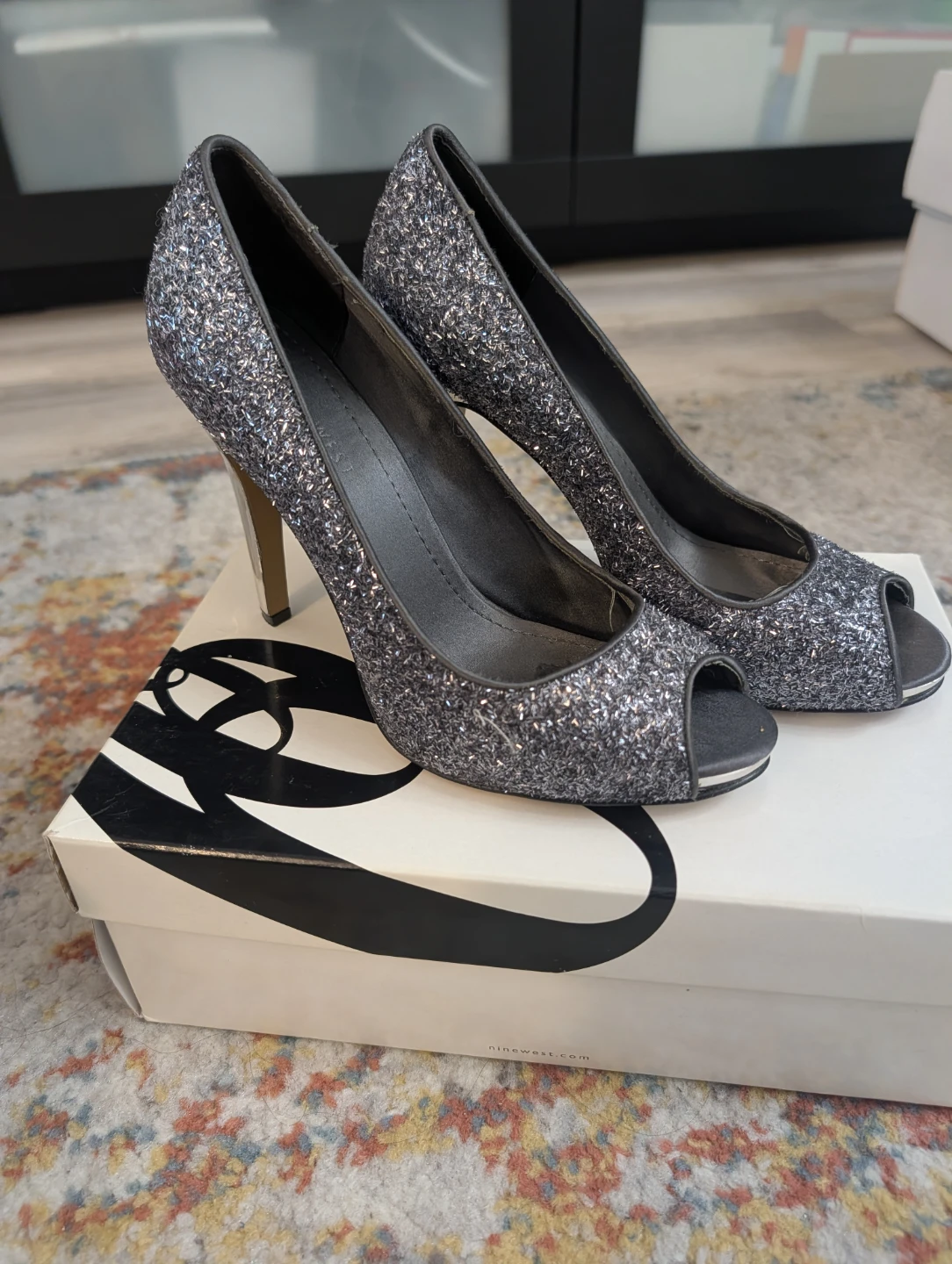 Nine West Glitter Peep-Toe Heels - Size 7M