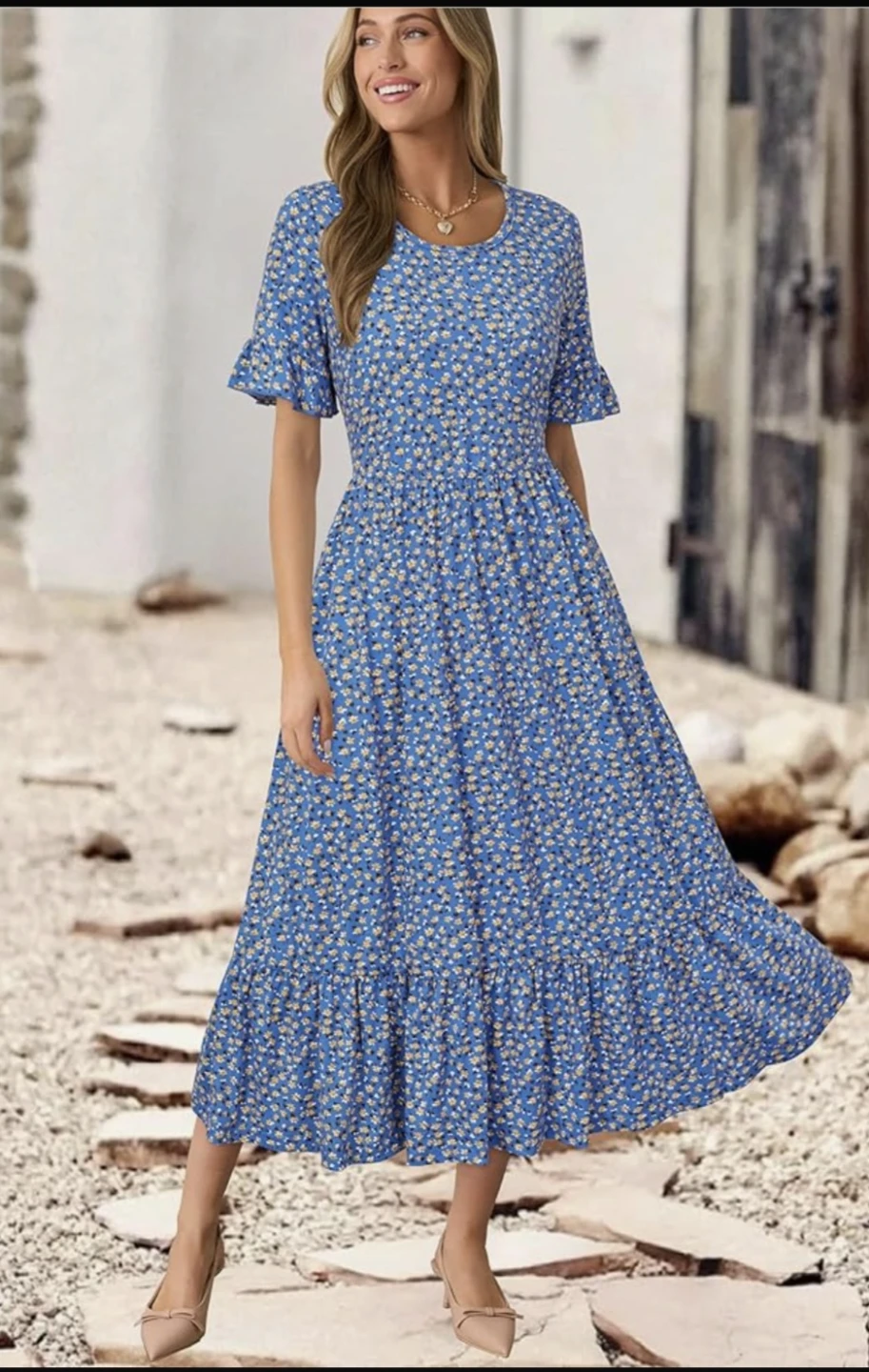 StyleWorld Blue Floral Midi Dress with Pockets