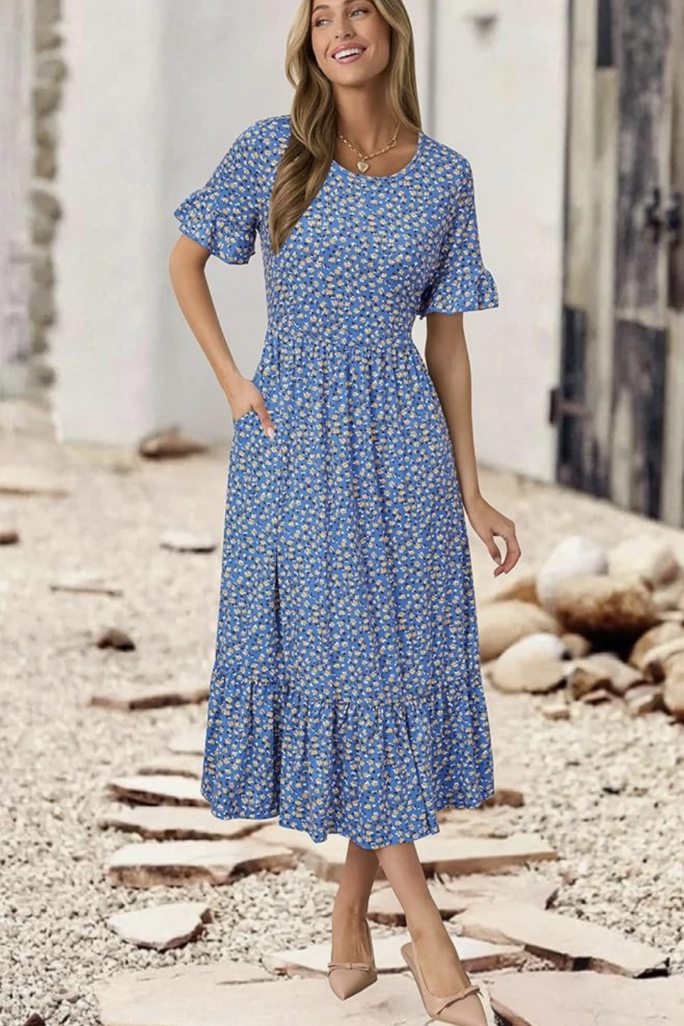 StyleWorld Blue Floral Midi Dress with Pockets - photo 3