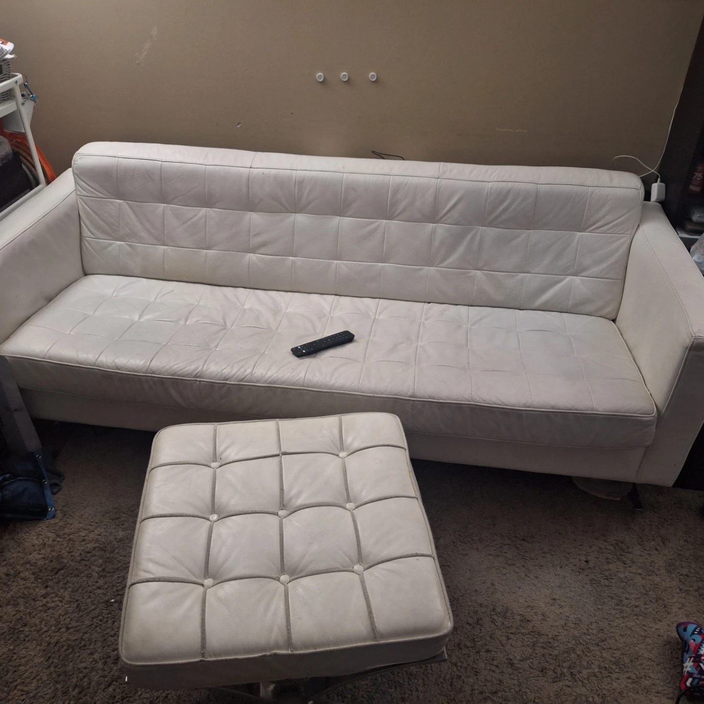 White Tufted Leather Sofa with Ottoman