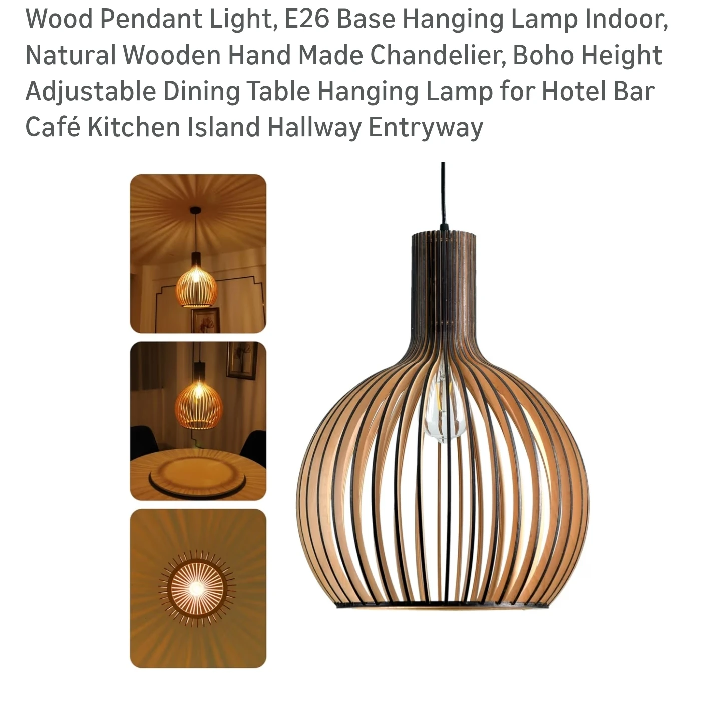 Natural Wood Pendant Light - E26 Base Hanging Lamp 6527