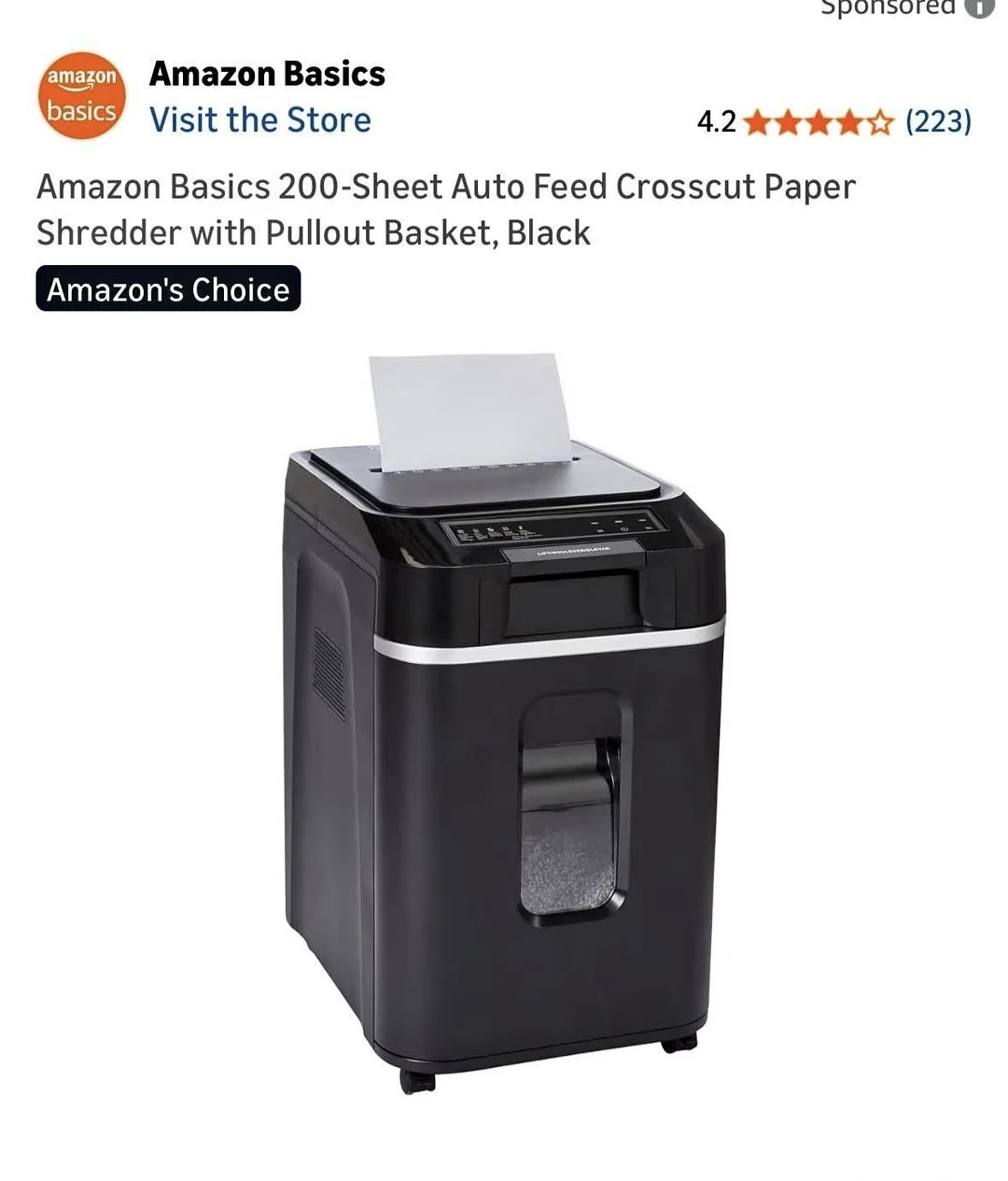 Amazon Basics 200-Sheet Auto Feed Paper Shredder
