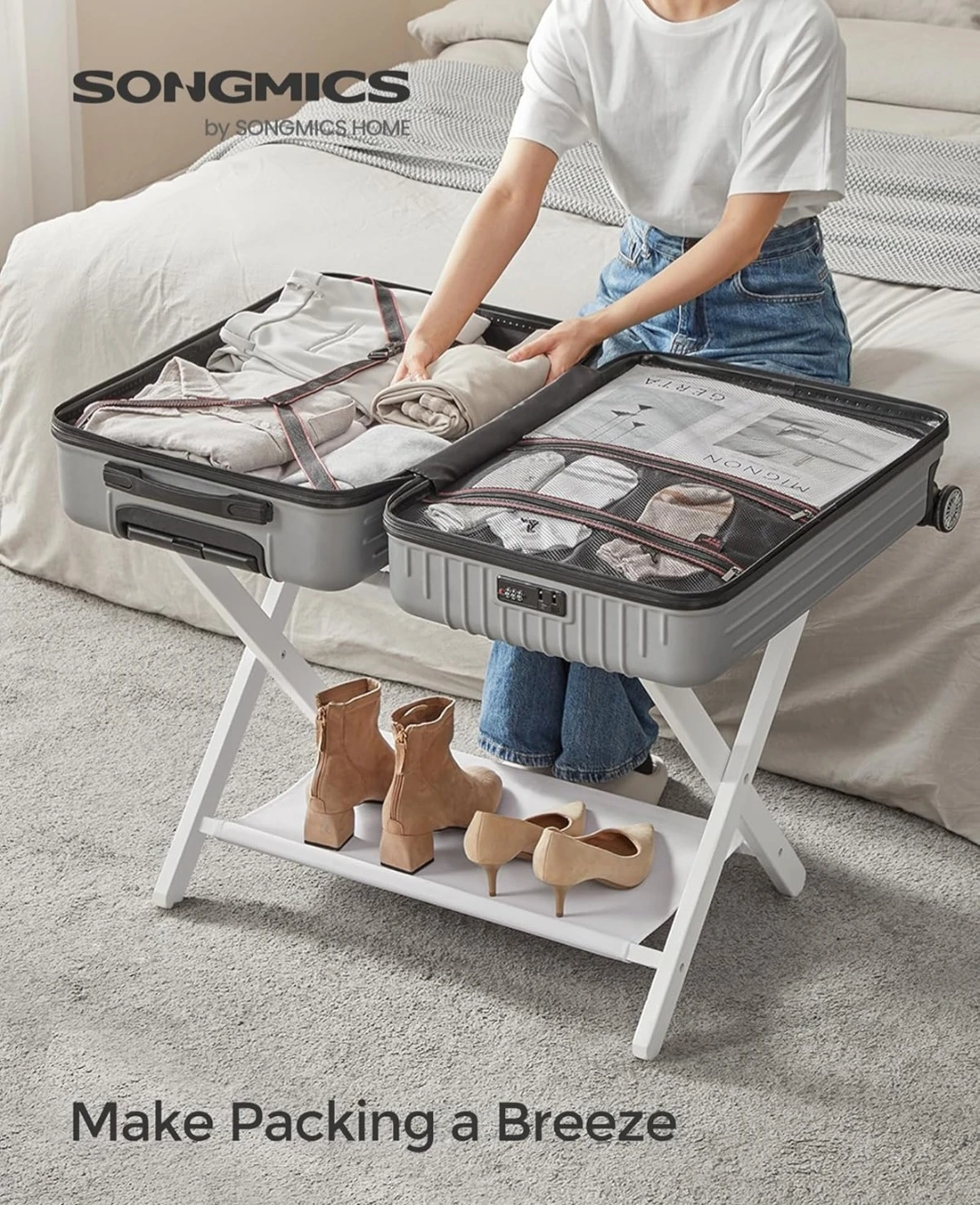 SONGMICS White Wooden Luggage Rack - photo 2