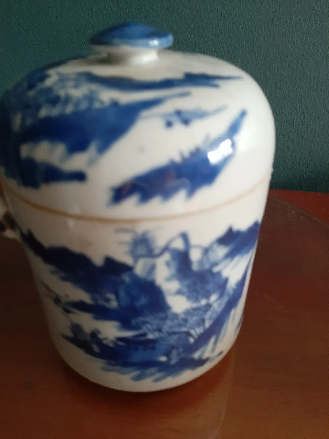 Vintage Blue and White Ceramic Jar with Lid