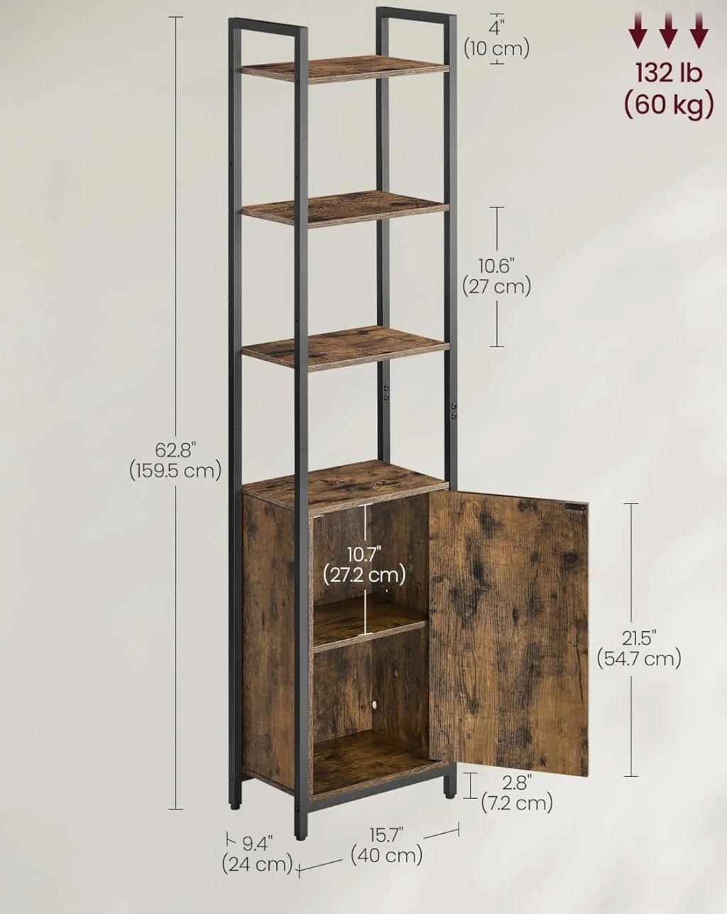Vasagle 5-Shelf Industrial Bookshelf with Cabinet