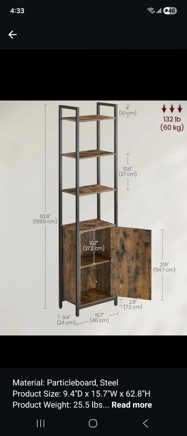 Vasagle 5-Shelf Industrial Bookshelf with Cabinet - photo 2