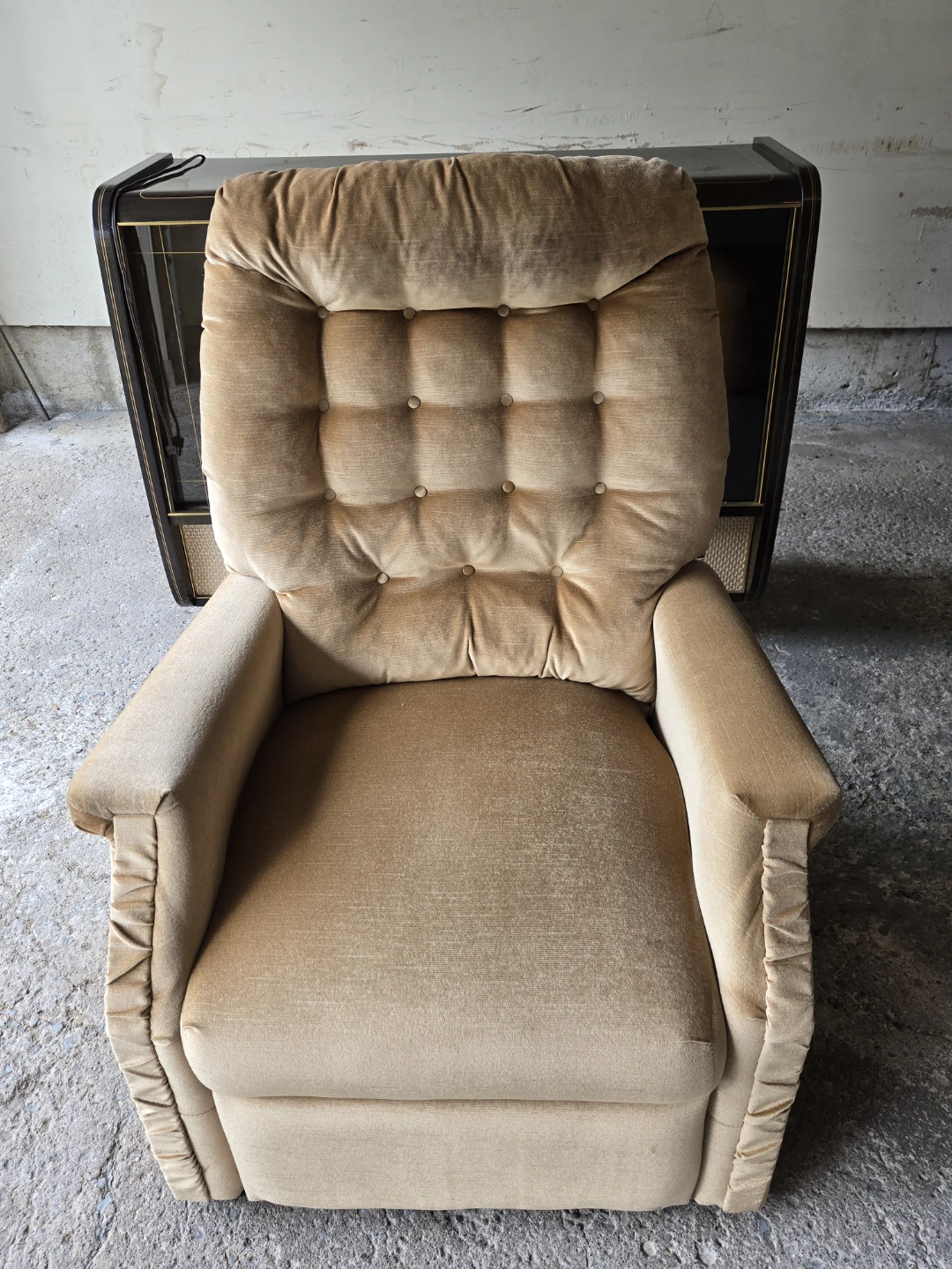 Tan Velour Recliner Chair with kickout Ottoman