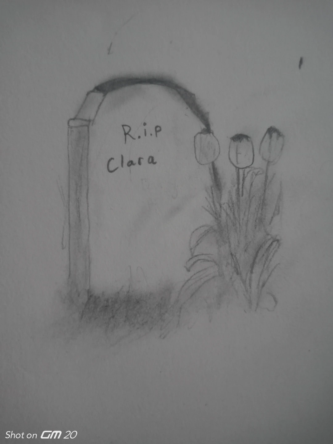 Hand-drawn RIP Clara Tombstone with Tulips Sketch