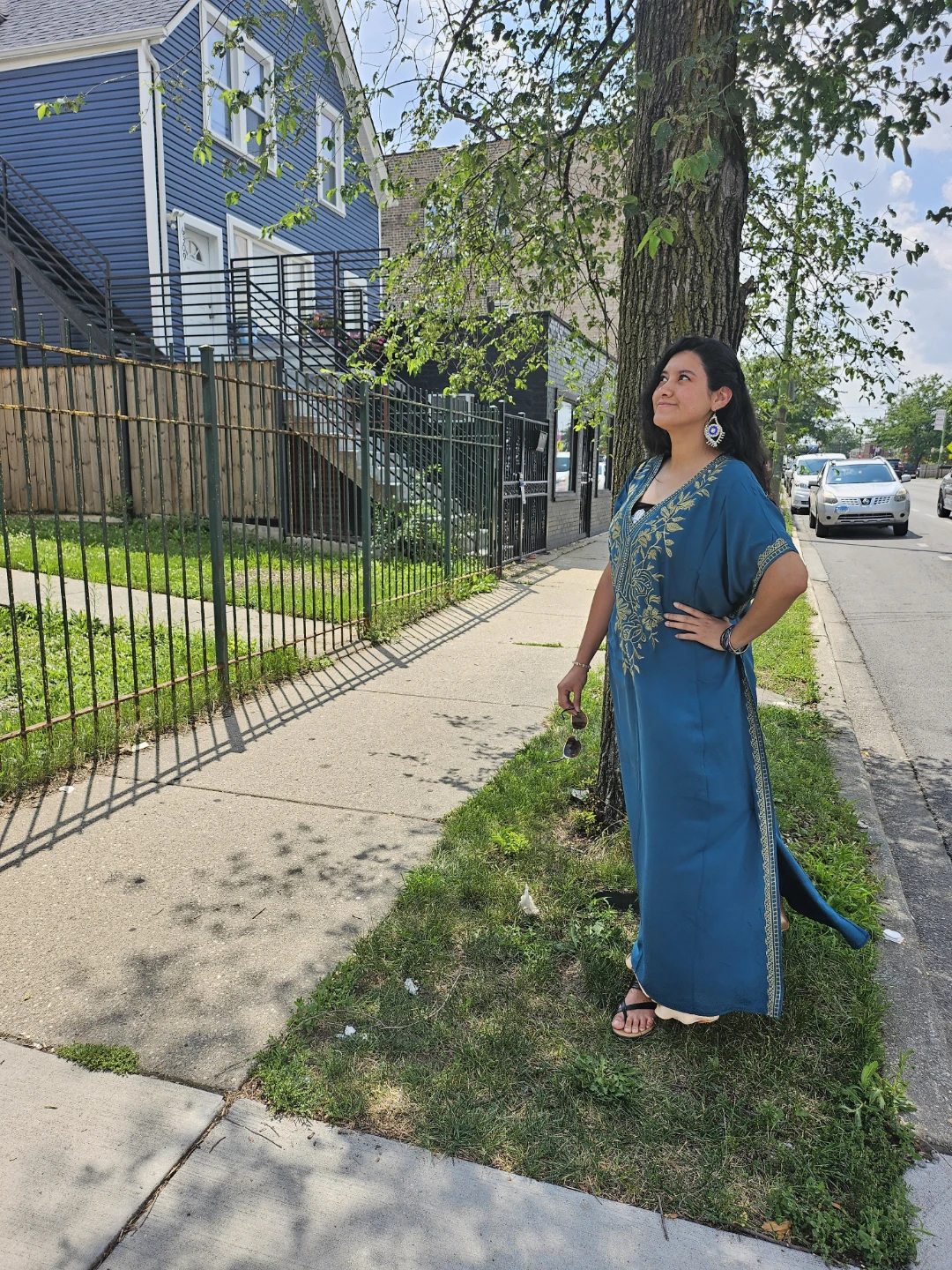 Embroidered Kaftan Dress Teal Green Gold Women's One Size
