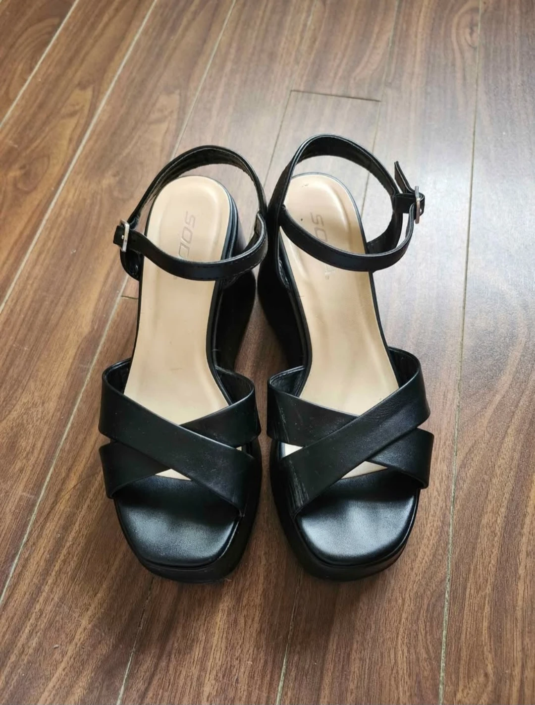 Soda Black Wedge Sandals Size 7.5