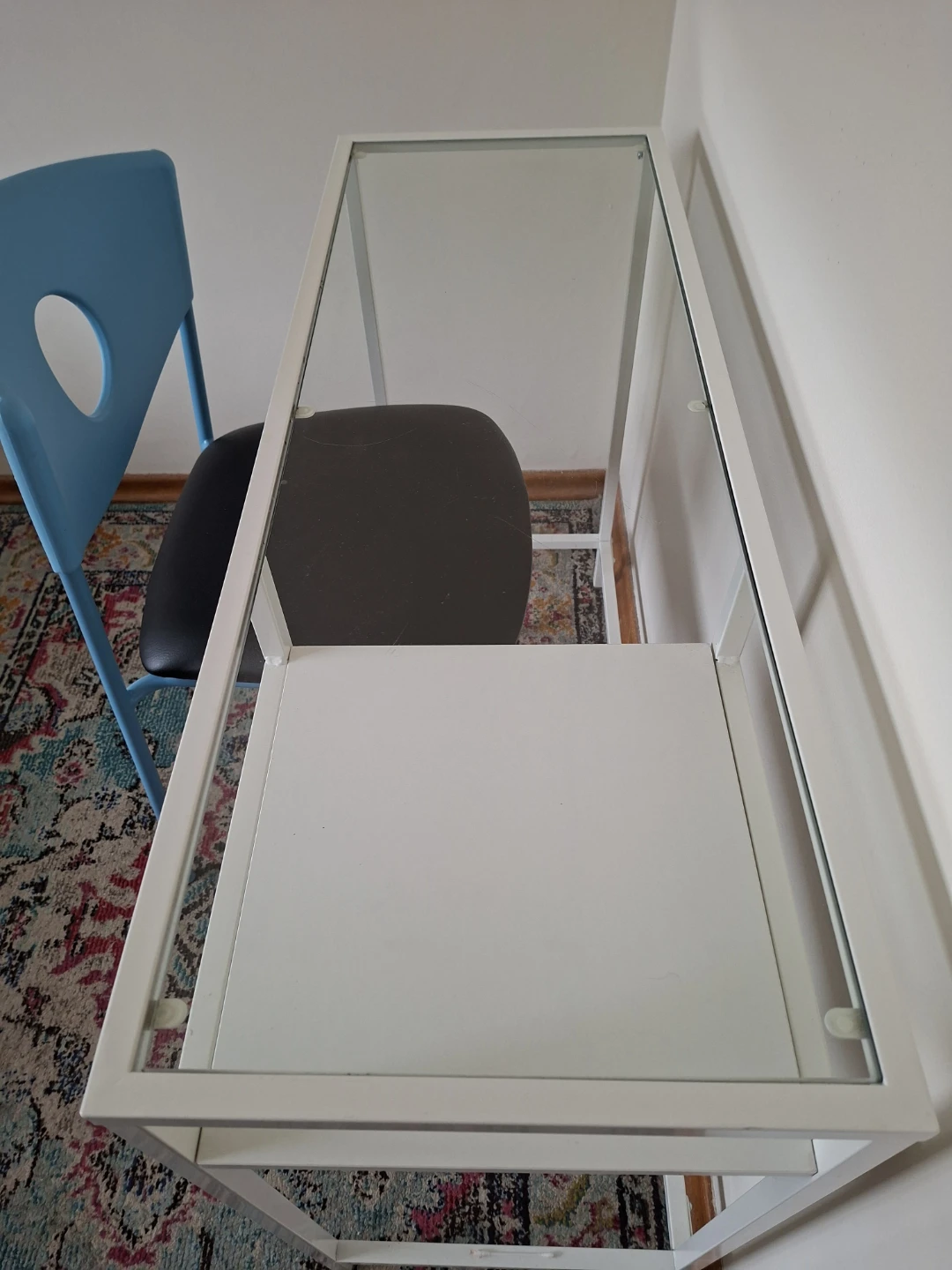 Narrow White metal and glass desk with chair - photo 2