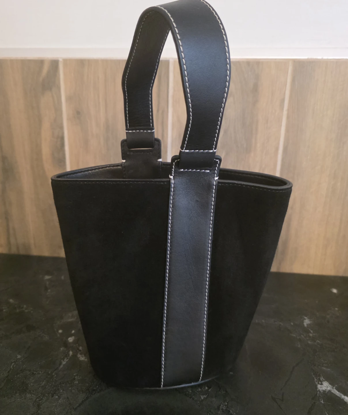 Vince Black Suede Bucket Bag with Leather Trim