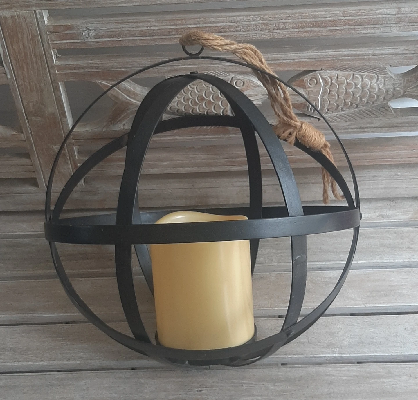 Black Metal Orb Lantern with candle