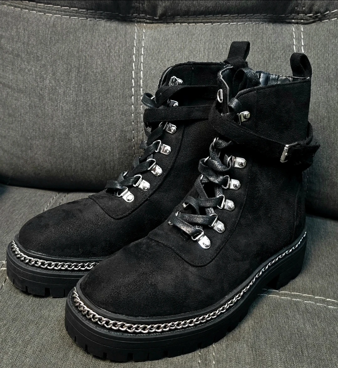 Black Suede Combat Boots with Chain Detail