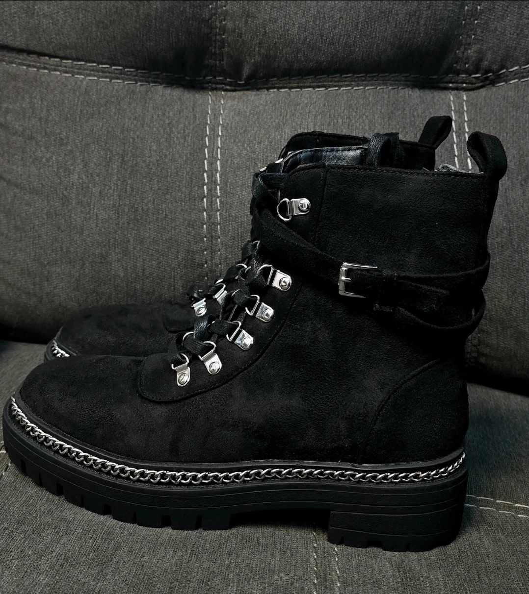 Black Suede Combat Boots with Chain Detail - photo 2