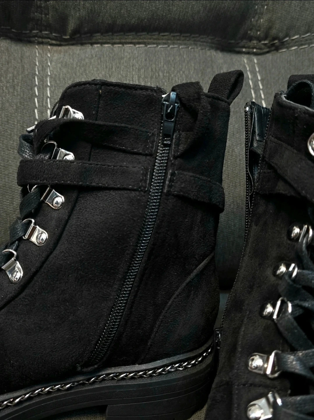 Black Suede Combat Boots with Chain Detail - photo 3