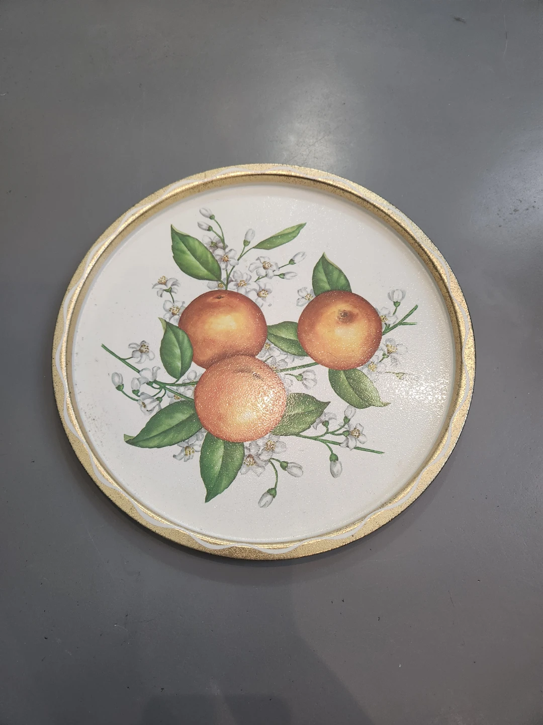 Round Decorative Tray with Oranges & Blossoms