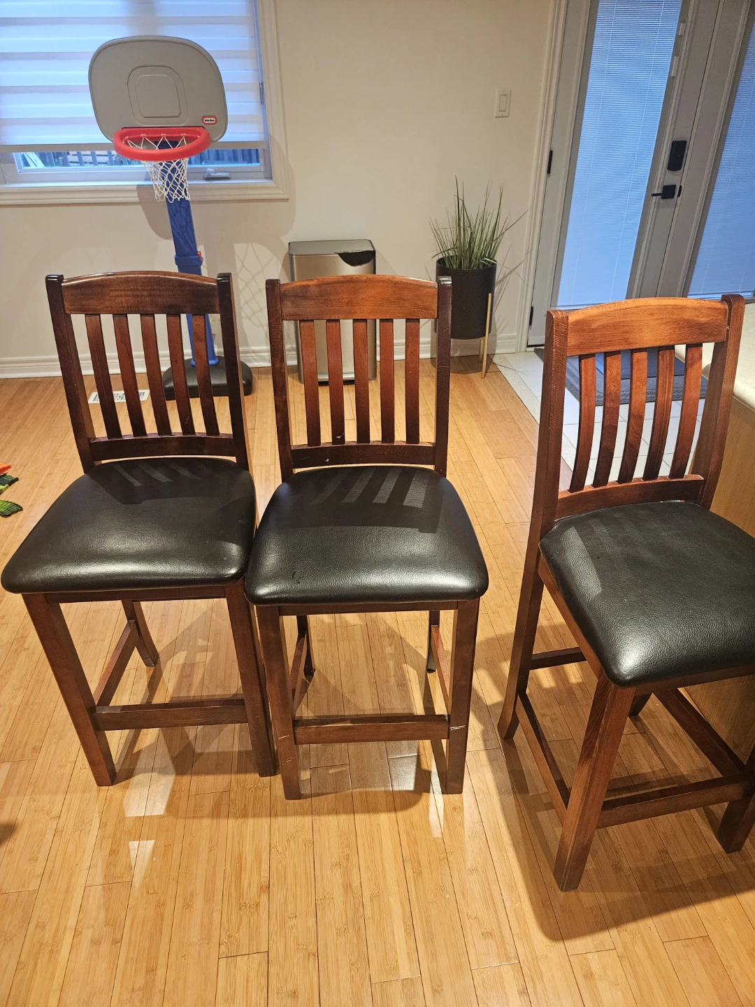 Wooden Bar Stools with Black Padded Seats - Set of 3