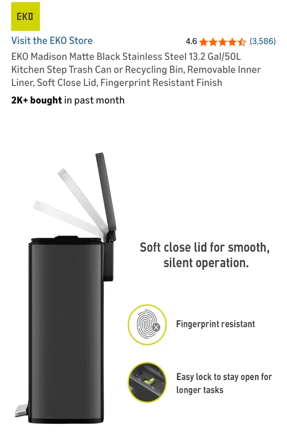Matte Black Stainless Steel Kitchen Step Trash Can - photo 3