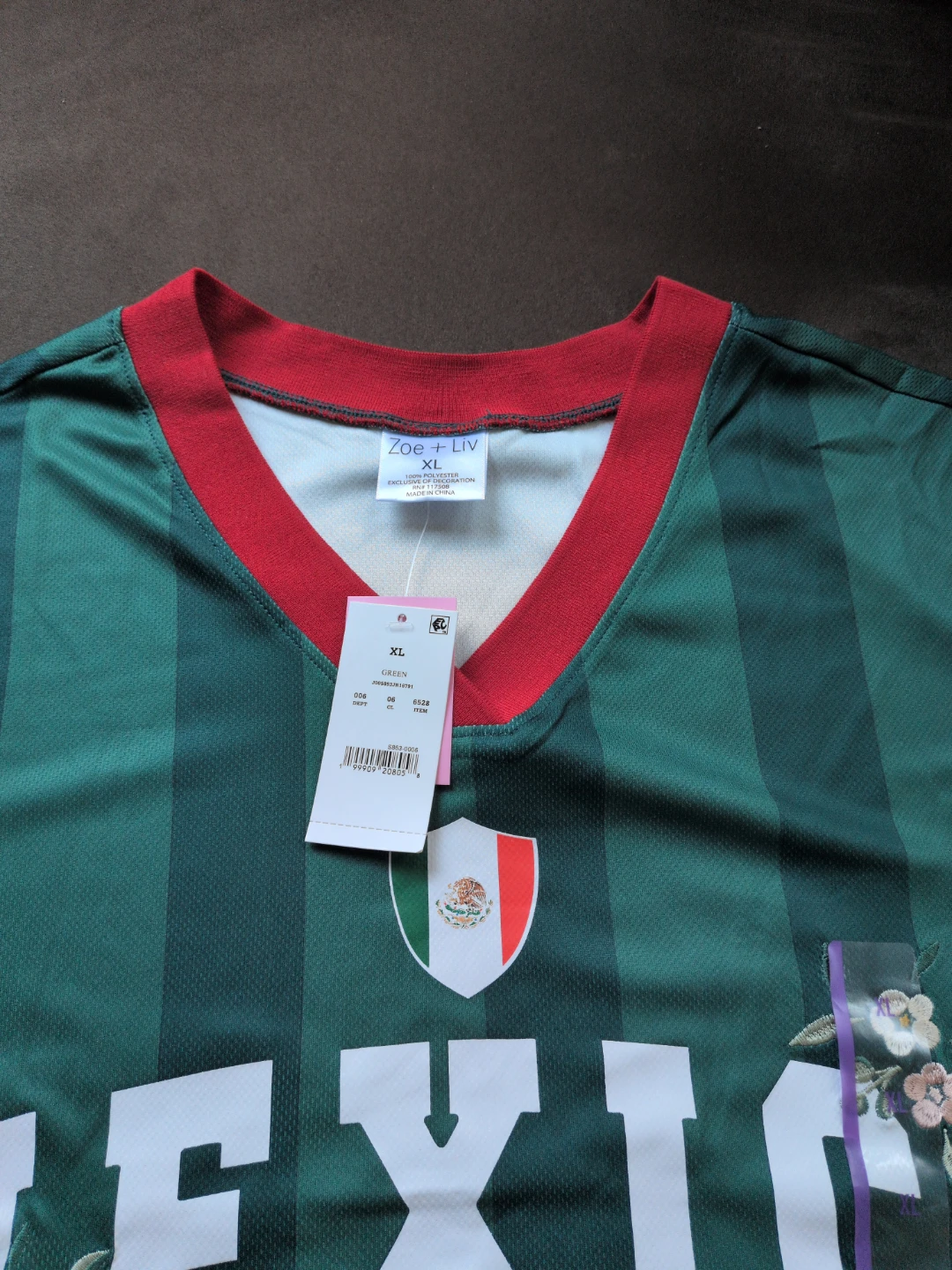 Zoe + Liv Mexico Soccer Jersey XL Green Floral Accents - photo 2