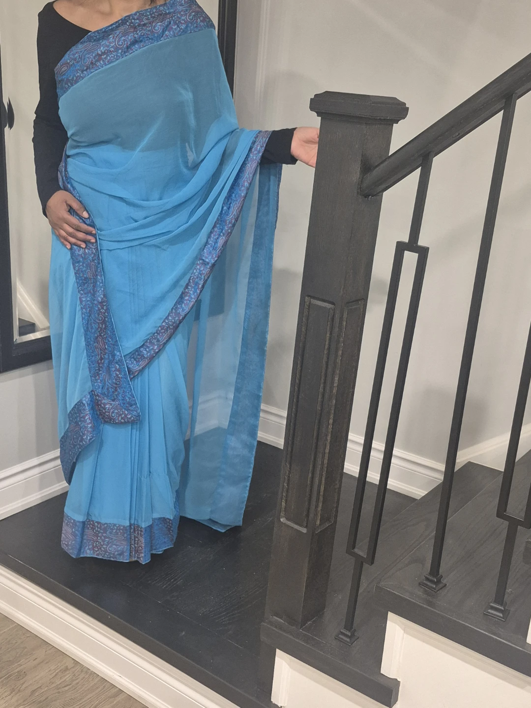 Blue Paisley Print pure chiffon Saree with full sleeve Blouse
