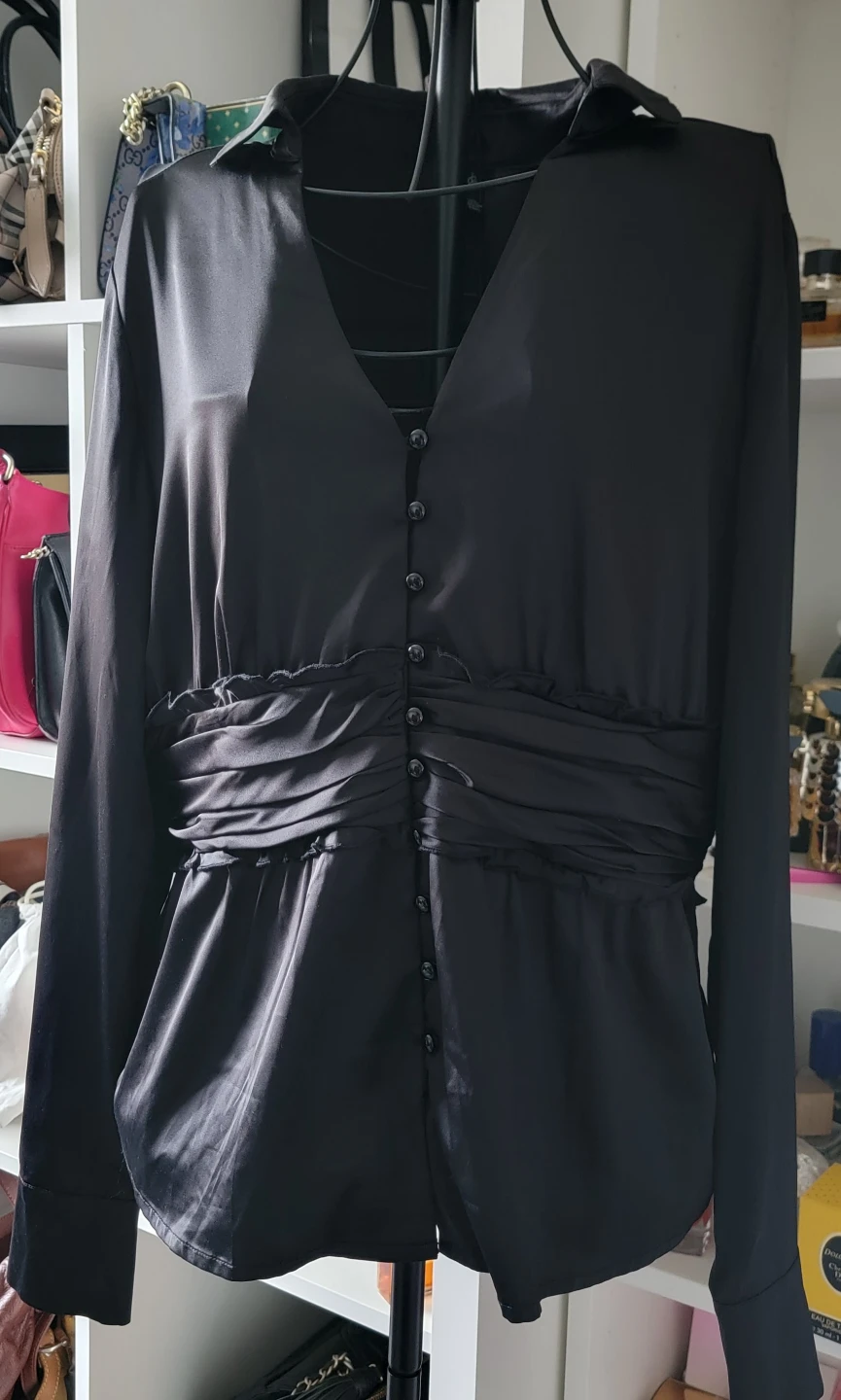 Vintage Bob Mackie Studio Black Ruched Button-Up Blouse Size 10 - photo 3