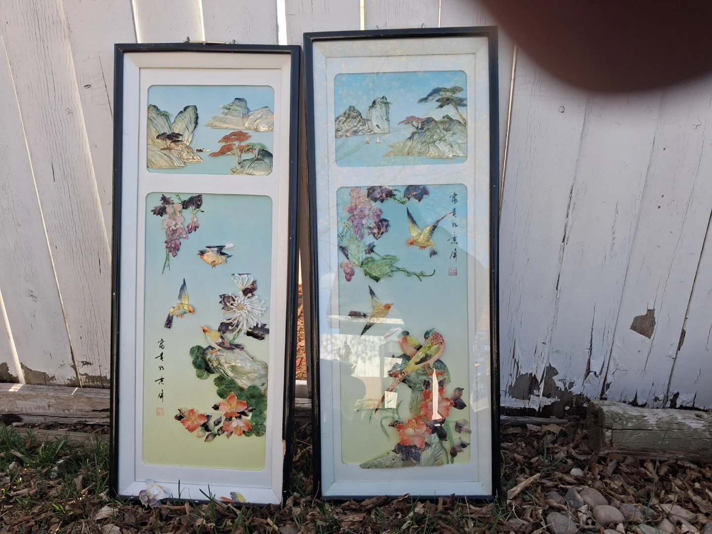 Pair of Asian Relief Wall Art - Birds & Flowers