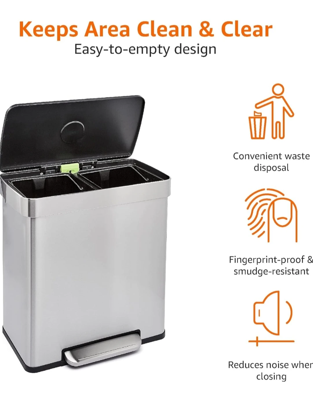 Stainless Steel Dual Compartment Trash Can with Foot Pedal - photo 3