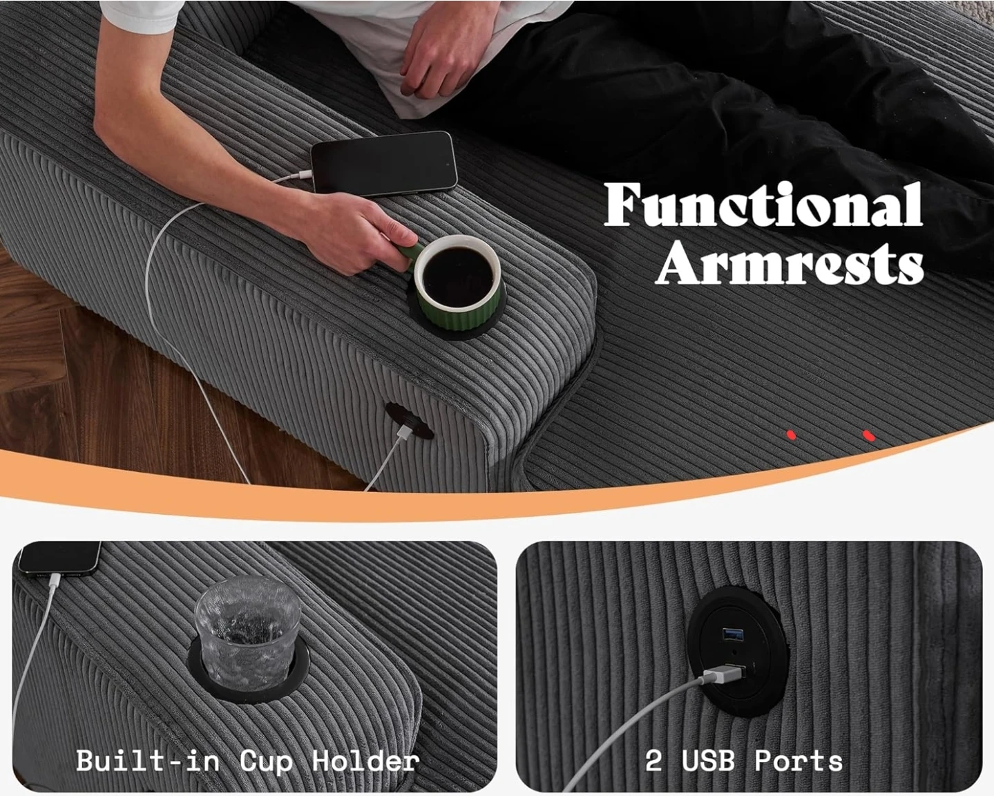 Sofá Nuevo sin uso | Gray Sofa with Cup Holders and USB Ports - photo 5