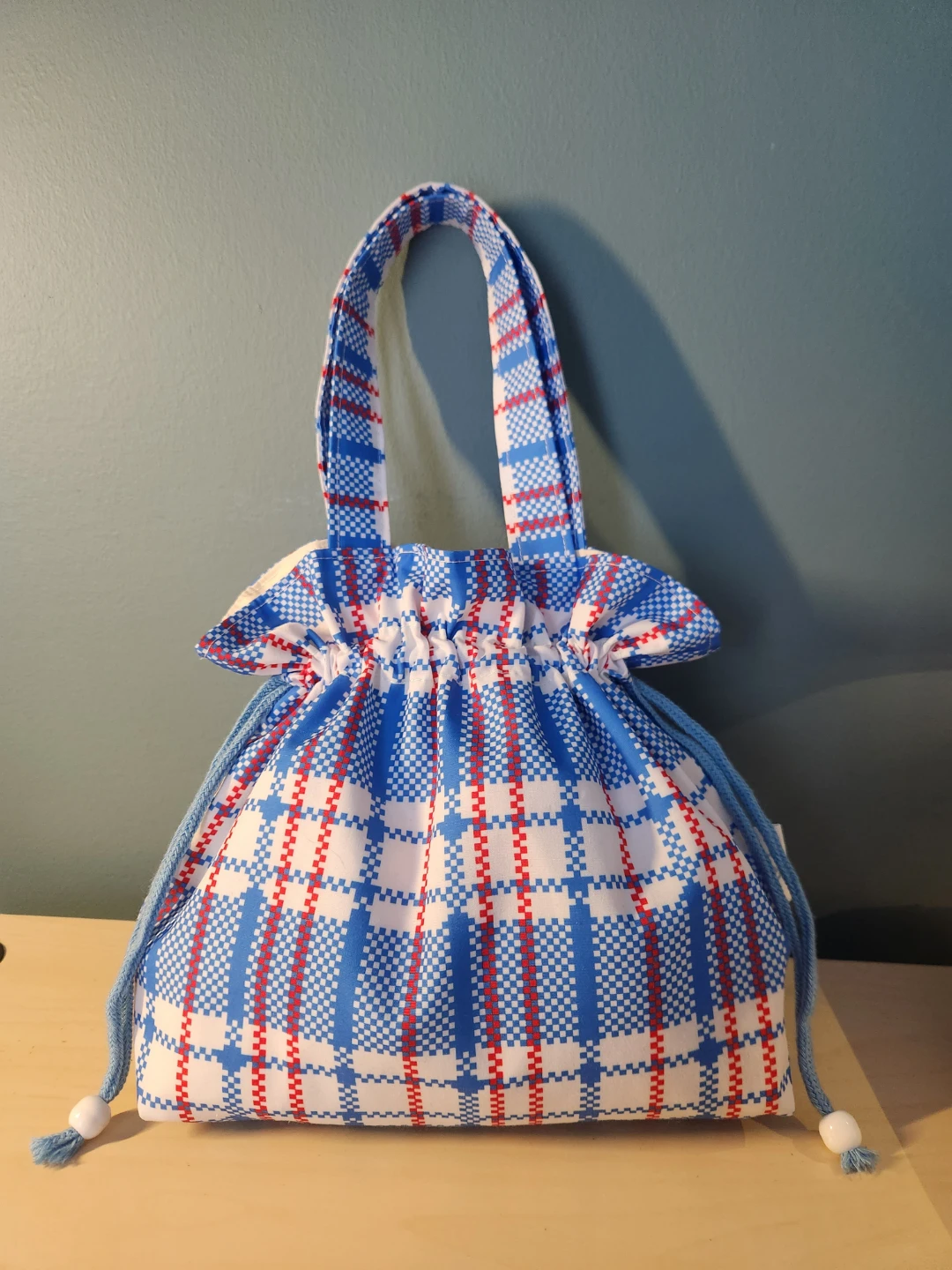 Hand Made Blue and White Plaid Drawstring Bag with Handles - photo 4
