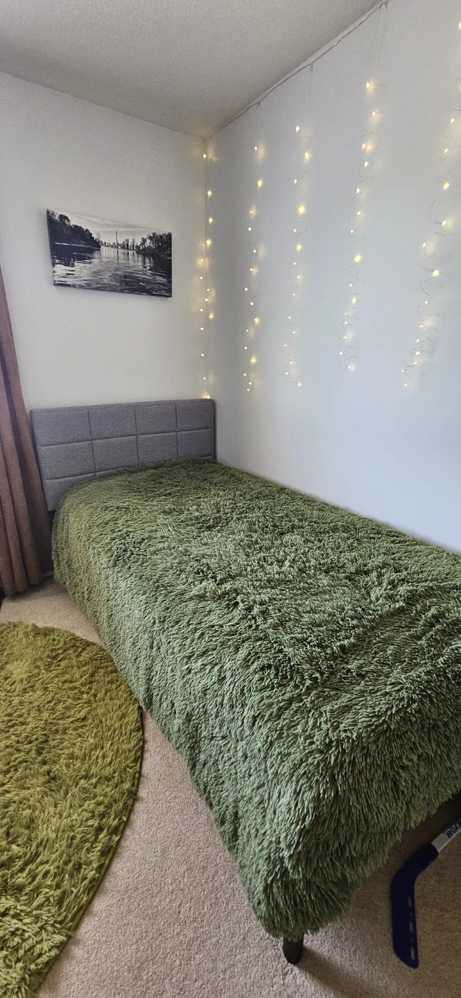 Grey Upholstered Twin Headboard and Twin Mattress