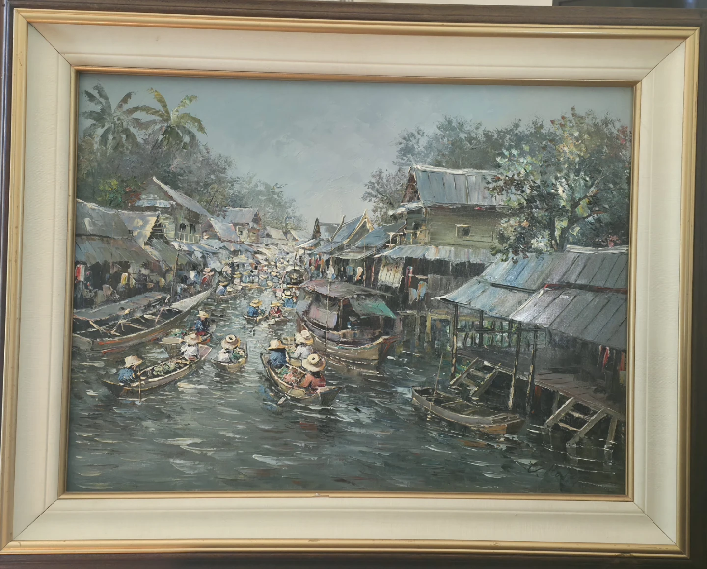Original Oil Painting of a Floating Market