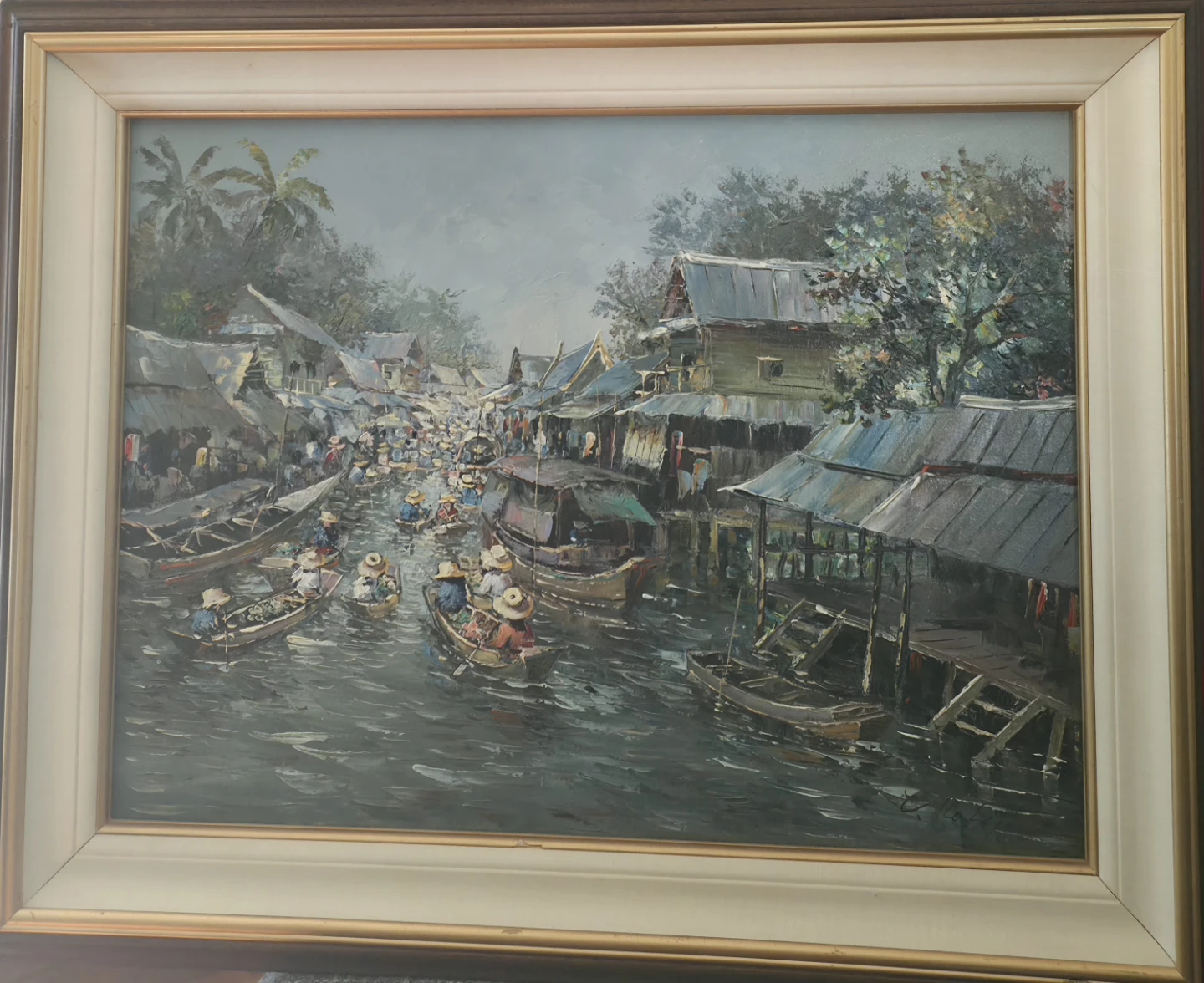 Original Oil Painting of a Floating Market - photo 2