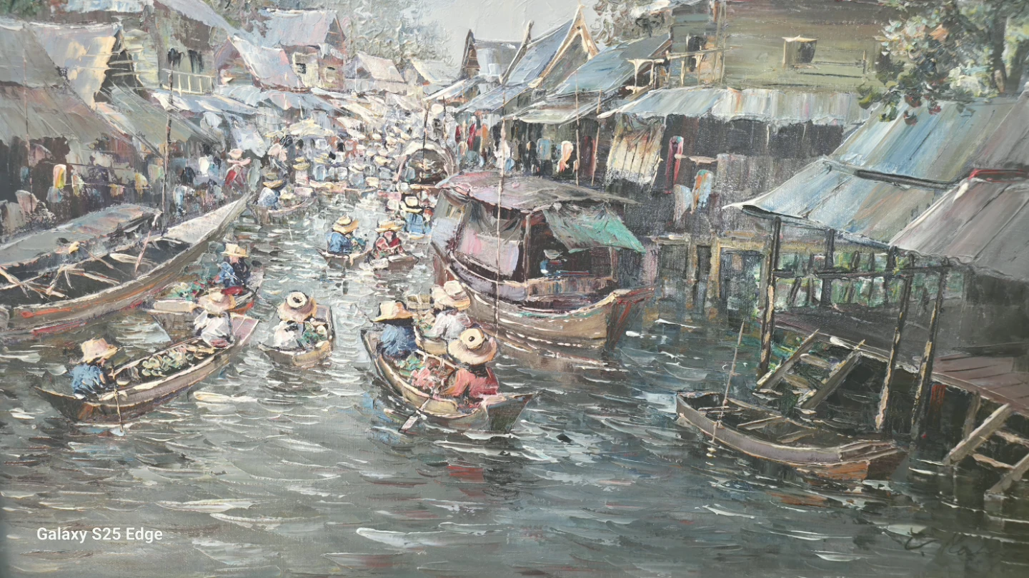 Original Oil Painting of a Floating Market - photo 3