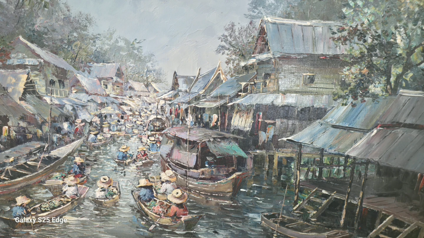 Original Oil Painting of a Floating Market - photo 4